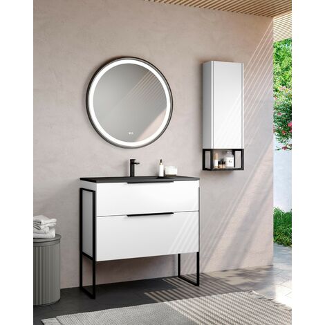 Mueble de Baño Al Suelo con Lavabo Cerámico Negro  2 cajones con Cierre Amortiguado y Organizador  90 cm Blanco Brillo Tirador Negro