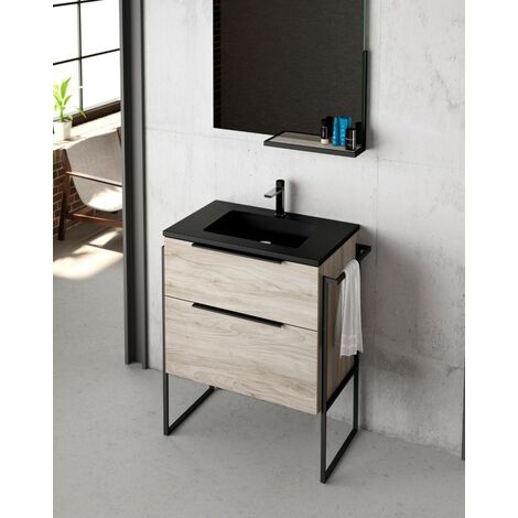 Mueble de Baño Al Suelo con Lavabo Cerámico Negro  2 cajones con Cierre Amortiguado y Organizador  90 cm Pino Gris Tirador Negro