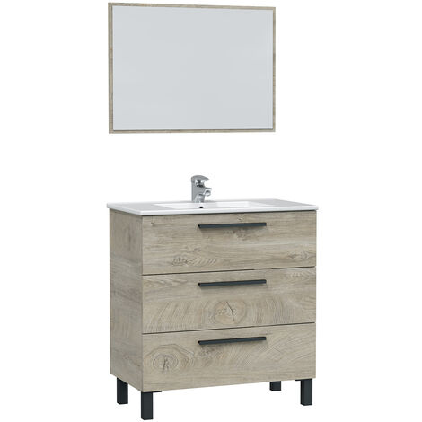 Mueble de baño Alise 3 cajones, espejo y con lavabo cerámico, Color Alaska