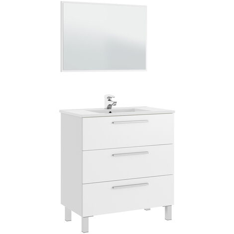 Mueble de baño Alise 3 cajones, espejo y con lavabo cerámico, Color Blanco brillo