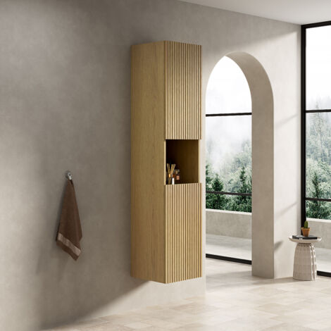 Mueble de baño alto con dos puertas de armario y un compartimento de almacenamiento abierto color veta de madera 35x35x160 cm