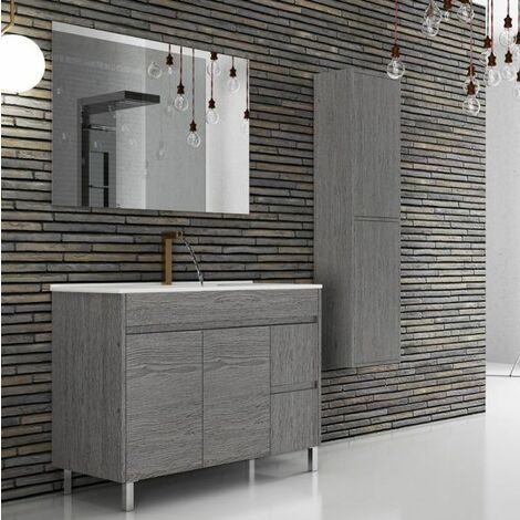 Mueble de baño ancho Isquia con lavabo y espejo. Se envía montado. 100CM Roble Smoky