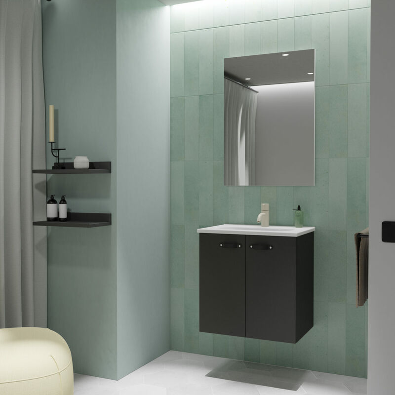 

Amizuva - Mueble de baño ANEKO. Al.50 x An.50 x F.35. Antracita Brillo| Incluye lavabo cerámico y espejo.