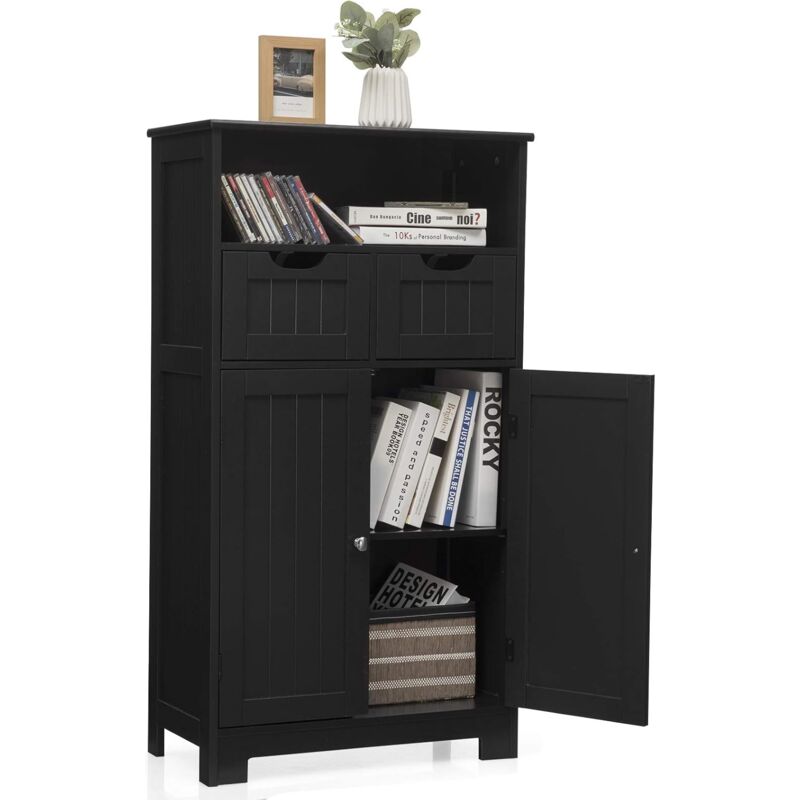 

Mueble de Baño Armario de Suelo Auxiliar con Estantes, Puerta y Cajones Aparador de Almacenaje (Negro) - Costway