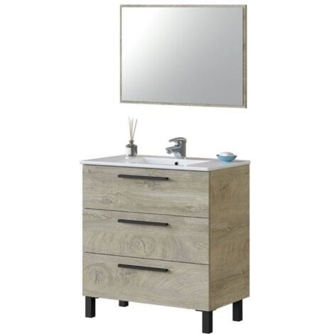 ARKITMOBEL Mueble de Baño Nubis Estilo Natural en Color Roble Alaska con 3 Cajones y Espejo 80x86x45 cm (Sin Lavabo)