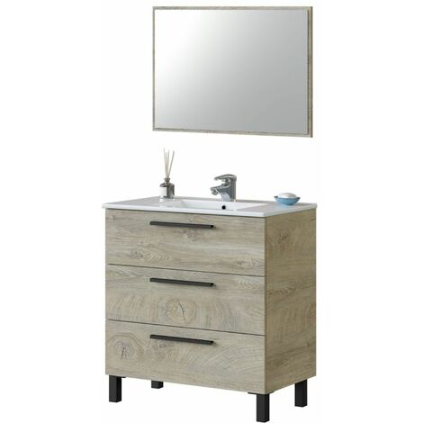 ARKITMOBEL Mueble de baño Athena 80 3 cajones + espejo Roble Alaska Mueble:80cEspejo:80cm (ancho) x Mueble:86cmEspejo:57,5cm (alto)