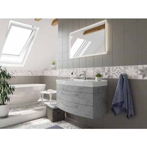 Mueble de baño Bella 100 con panel frontal redondeado Hormigón con Espejo-LED
