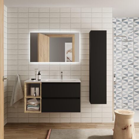 Mueble de baño 100 cm 2 cajones Blanco mate y coqueta 2 huecos Roble con Lavabo  sobre encimera