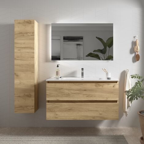 Mueble de baño Bequia 100 cm Roble con Lavabo de porcelana