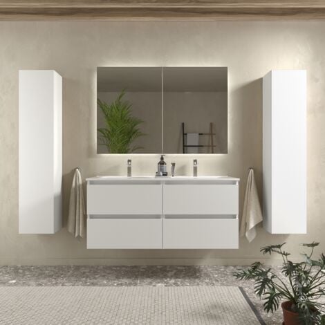Conjunto mueble de baño NOJA 1200 BLANCO BRILLO + Lavabo + Espejo + Aplique