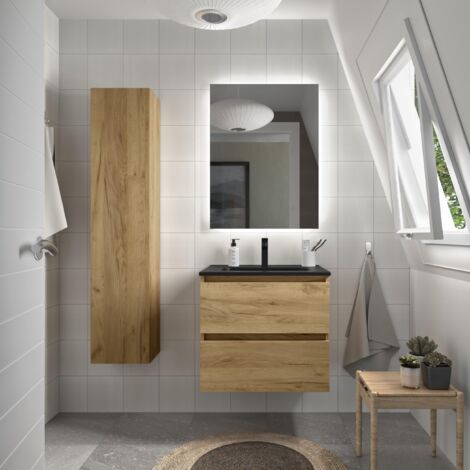 Mueble de Baño BEQUIA 60cm Roble Lavabo Negro Porcelana