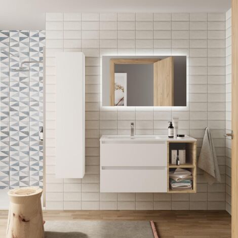 Mueble de baño 2 cajones Blanco mate y coqueta derecha 2 huecos Roble con Lavabo integrado