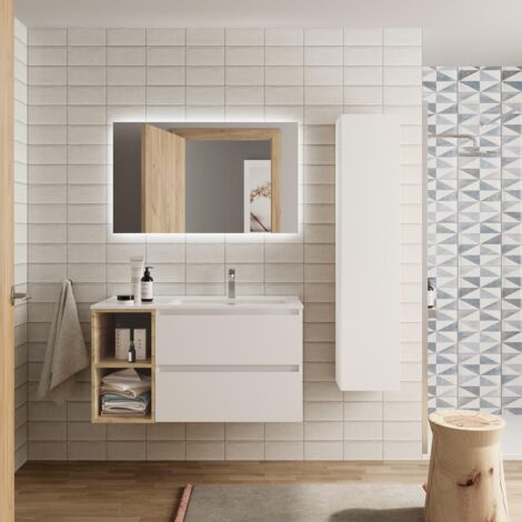 Mueble de baño 2 cajones Blanco mate y coqueta izquierda 2 huecos Roble con Lavabo integrado
