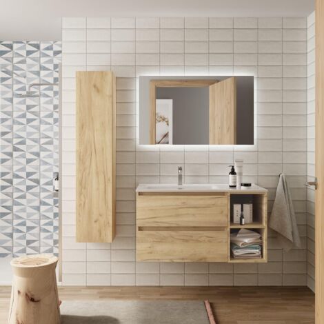 Mueble de baño 2 cajones y coqueta derecha 2 huecos Roble con Lavabo integrado