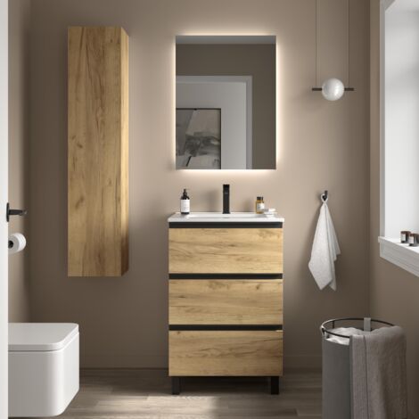 Mueble de Baño BEQUIA METAL 3C 60cm Roble Lavabo Porcelana