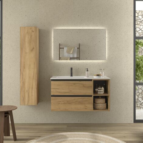 Mueble de Baño BEQUIA PLUS METAL 100cm Roble Lavabo Porcelana grifo izquierda 2H