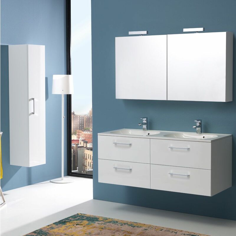 

Mueble De Baño Boston 120 Cm Cuatro Cajones Doble Lavabo Blanco Brillo Y Espejo Contenedor