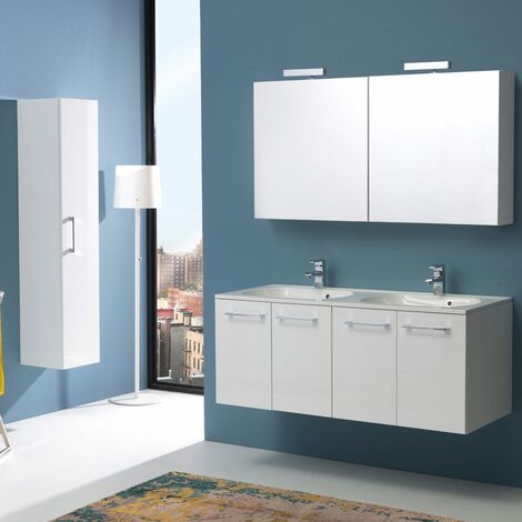 MUEBLE DE BAÑO BOSTON 120 CM CUATRO PUERTAS DOBLE LAVABO BLANCO BRILLO Y ESPEJO CONTENEDOR