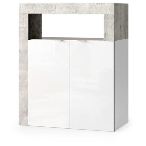 Mueble de baño BURA – 2 puertas, 2 estantes – Blanco brillante lacado y gris efecto concreto