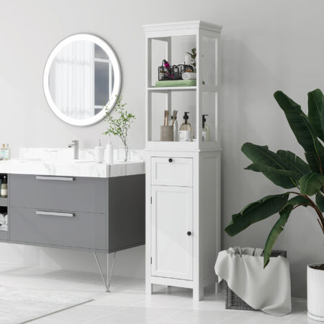 Mueble de Baño con Cajón Puerta Estante Ajustable y 2 Compartimientos Armario de Baño Moderno 40x30x165 cm Blanco