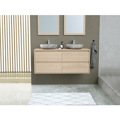 Mueble de baño con dos lavabos de piedra empotrada y espejo - Chapado en roble - 120 cm - MILIPAM - Venta-unica - Color natural claro