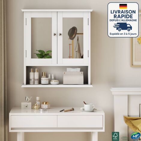 Mueble de baño con espejo - Armario de pared blanco 60×20×54,6cm - Diseño escandinavo - Estante regulable - Resistente a la humedad