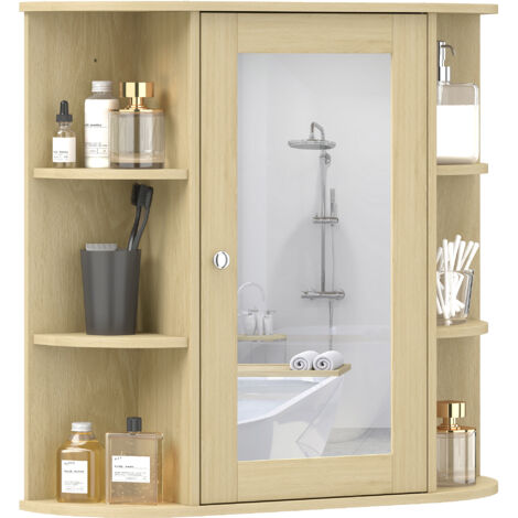 Mueble de baño con espejo, armario de pared con estantes abiertos, 66x17x63 cm, color natural.