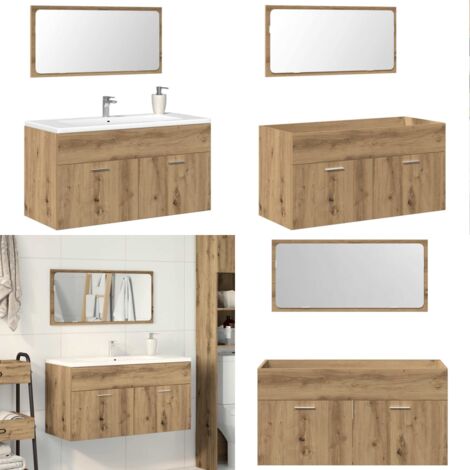 Mueble de baño con espejo de madera ingeniería roble artesanal - Mueble de baño - Espejo de baño