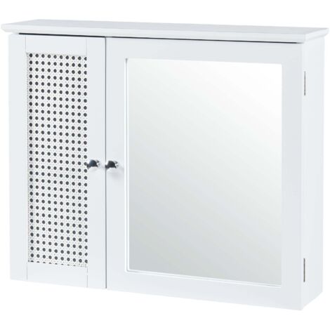 Mueble de baño con estantería de pared 50 x 60 x 15 cm con espejo MDF PVC efecto ratán blanco 030008893