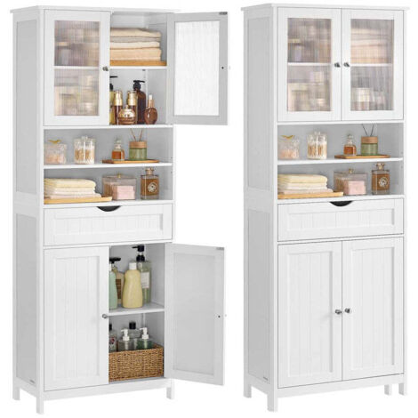 Mueble de baño con iluminación 30 x 60 x 170 cm con estantes regulables cajón y compartimentos abiertos para baño salón o comedor blanco 120008023