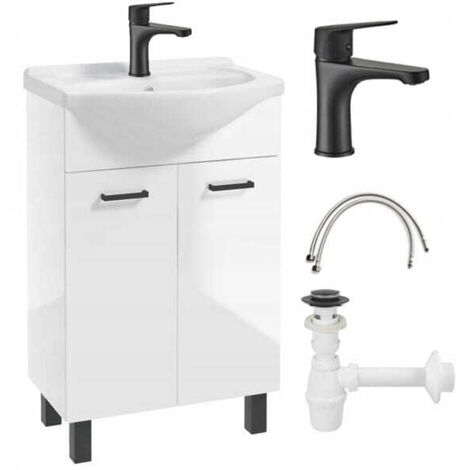 Mueble de baño con lavabo blanco brillo 84x55 Mea con grifo y sifón