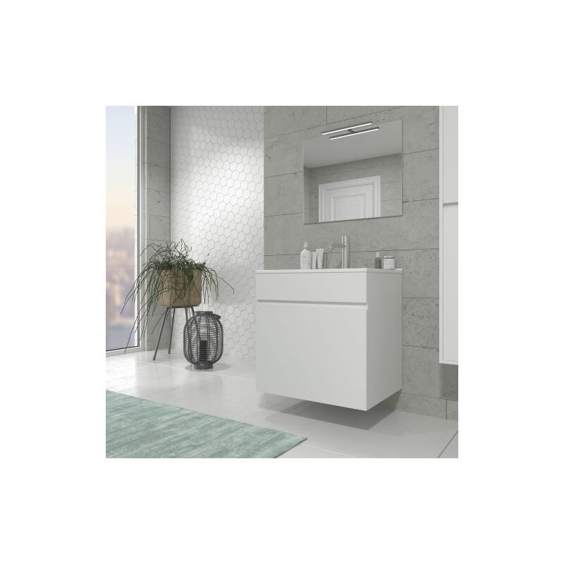 

Mueble de baño con Lavabo de Cerámica 1 cajón - Mueble Montado - Ancho 60 cms - Blanco Brillo- Modelo Soki