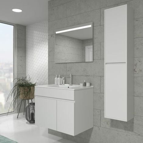 Mueble de baño con Lavabo de Cerámica 1 cajón y 1 Puerta - Mueble Montado - Ancho 80 cms - Blanco Brillo- Modelo Soki