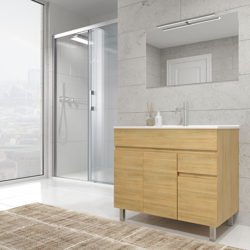 

Mueble de baño con Lavabo de Cerámica 2 puertas y 1 cajón - Mueble Montado - Ancho 60 cms - Hera- Modelo CLIF
