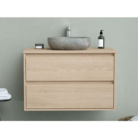 Mueble de baño con lavabo de piedra - Chapado en roble - 80 cm - MILIPAM - Venta-unica - Color natural claro