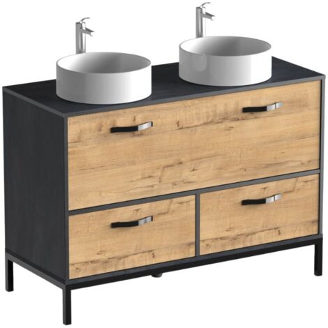Mueble de Baño con Lavabo Doble Sena Color Roble Gold y Mármol Negro 120x50x92 cm