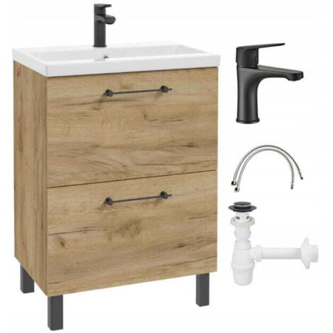 Mueble de baño con lavabo, grifo y sifón 50x80cm, de pie, Roble Craft Cassandra