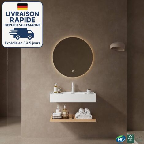 Mueble de baño con lavabo individual de pared, 75 cm, rectangular, acrílico blanco, estantes a rayas, grifo no incluido, veta de madera natural.