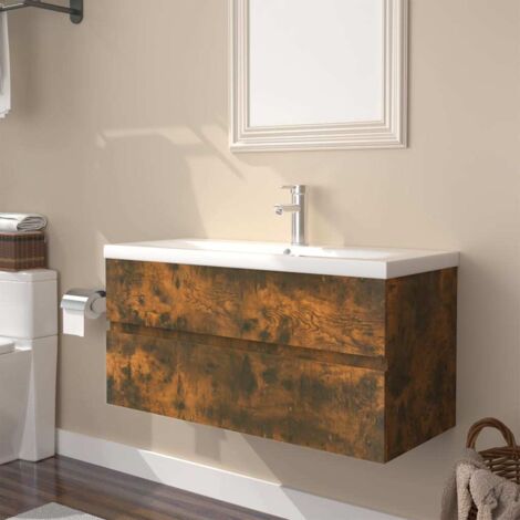 Mueble de baño con lavabo madera contrachapada roble ahumado vidaXL