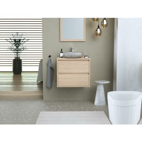 Mueble de baño con lavabo sobre encimera de piedra y espejo - Chapado en roble - 60 cm - MILIPAM - Venta-unica - Color natural claro