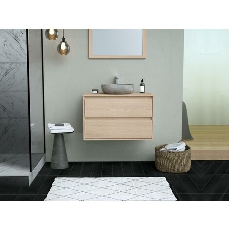 Mueble de baño con lavabo sobre encimera de piedra y espejo - Chapado en roble - 80 cm - MILIPAM - Venta-unica - Color natural claro
