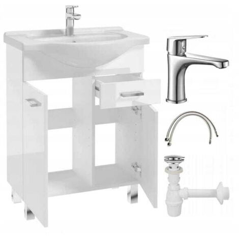 Mueble de baño con lavabo sobre patas 85x55, de pie blanco Mea con grifería cromada alargada