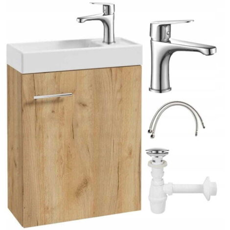 Mueble de baño con lavabo suspendido Small craft roble de 50x70 y grifería cromada alargada