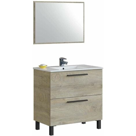 FRS Mueble de baño Cullera con lavabo cerámico y espejo, acabado roble 80 cm(alto)80 cm(ancho)45 cm(largo)