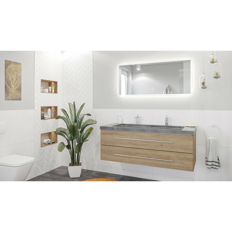 

Mueble de baño Damo granito G654 130cm 2 agujero para grifo Roble claro y espejo