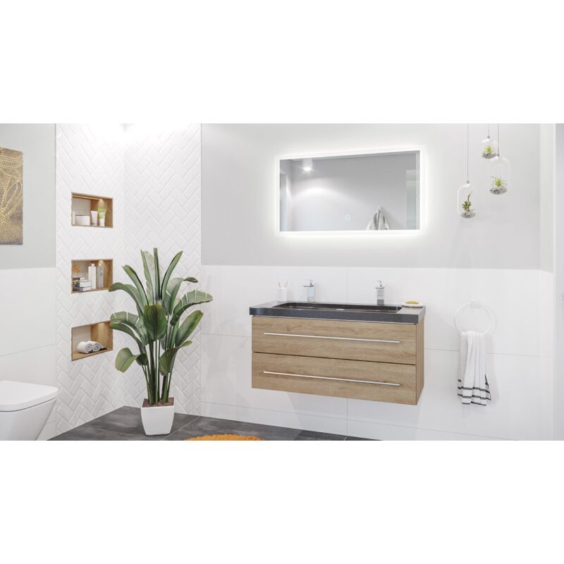 

Mueble de baño Damo India Black 100cm 2 agujero para grifo Roble claro y espejo