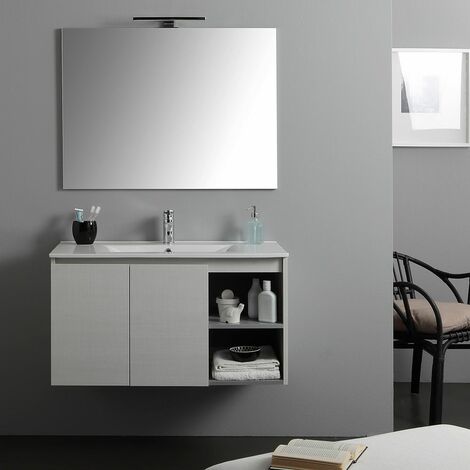 MUEBLE DE BAÑO DE 90 CM CON PUERTAS Y COMPARTIMENTO ABIERTO MODELO BERLÍN PROMENADE LAVABO DE CERÁMICA LUZ LED