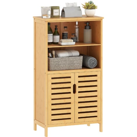 KLEANKIN Mueble de baño de bambú armario de baño con 2 puertas 2 estantes abiertos y patas elevadas antivuelco 50x29x92 cm natural