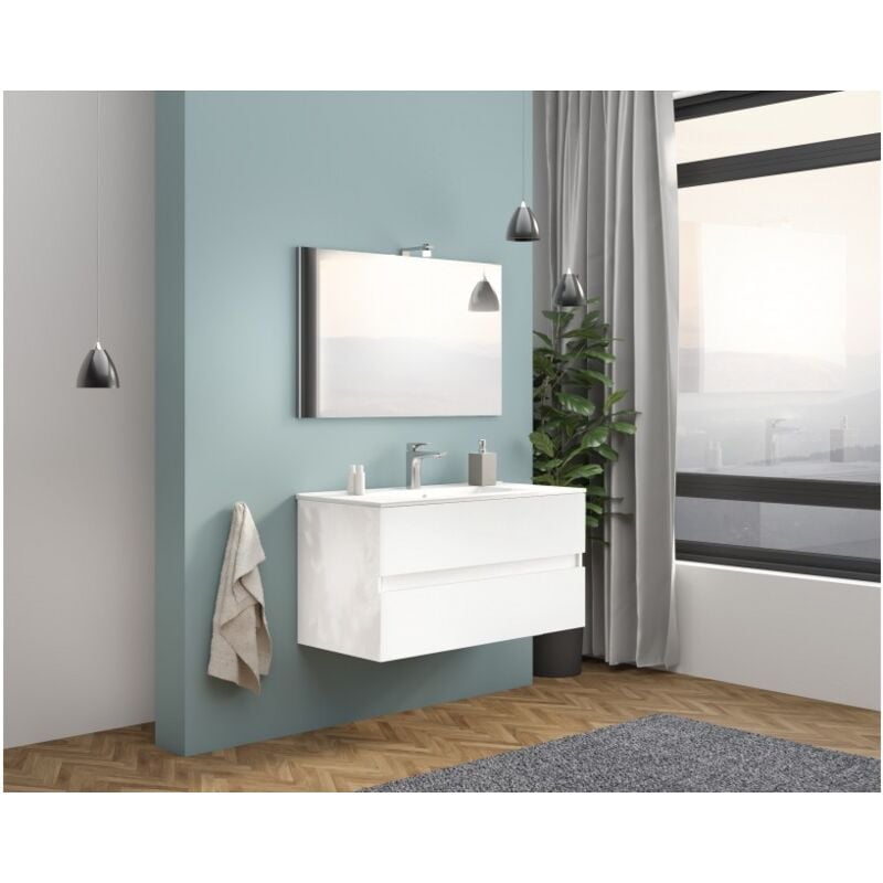 

Caesaroo - Mueble de baño de pared 100 cm Boston en madera blanco brillante con Lavabo de cerámica | Con espejo y lámpara LED