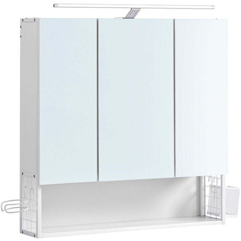 Mueble de baño de pared con espejo 145 x 70 x 70 cm con luz LED 3 puertas balda regulable soporte para secador de pelo estilo moderno chic blanco 120004038